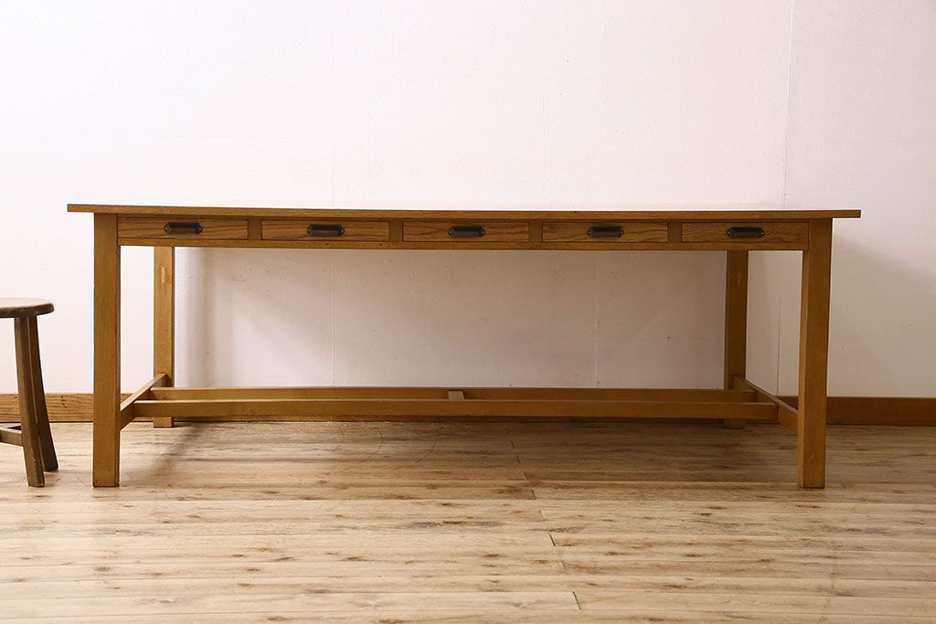 アンティーク家具　和製アンティーク　オーク材の両面引き出し付き特大作業台(ダイニングテーブル)