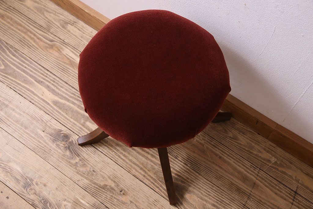 アンティーク家具　大正〜昭和期　ナラ材　赤い座面が上品なスツール(回転イス、チェア、椅子)