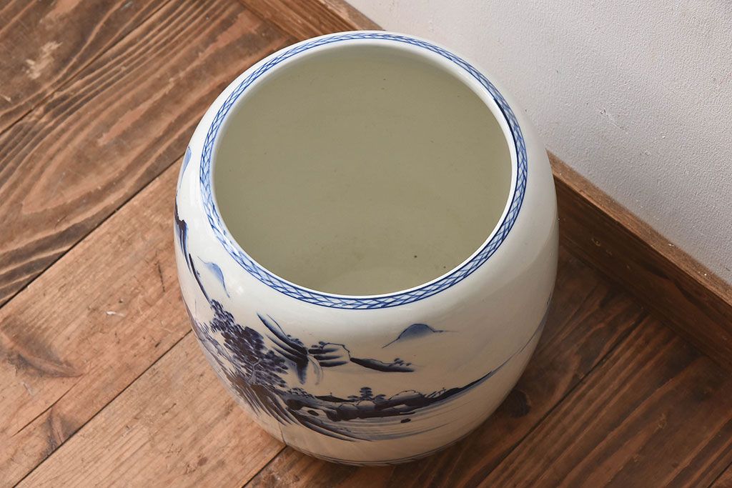 アンティーク雑貨　古民具・骨董　山水図で覆われたアンティーク瀬戸火鉢(鉢カバー)(1)