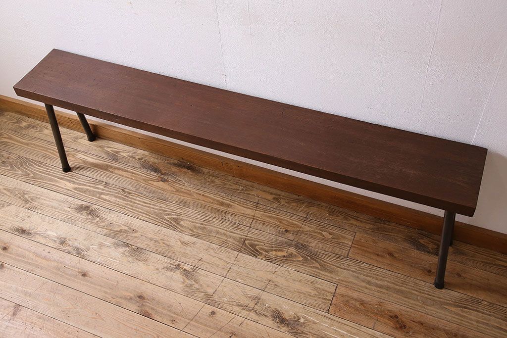 レトロ家具　昭和レトロ　ナラ材一枚板 古材の質感が味わい深い鉄脚ベンチ(長椅子、アイアンベンチ)(3)