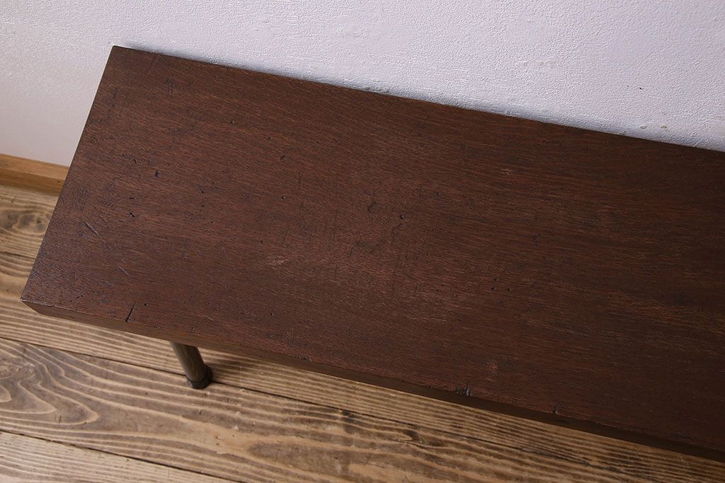 レトロ家具　昭和レトロ　ナラ材一枚板 古材の質感が味わい深い鉄脚ベンチ(長椅子、アイアンベンチ)(3)