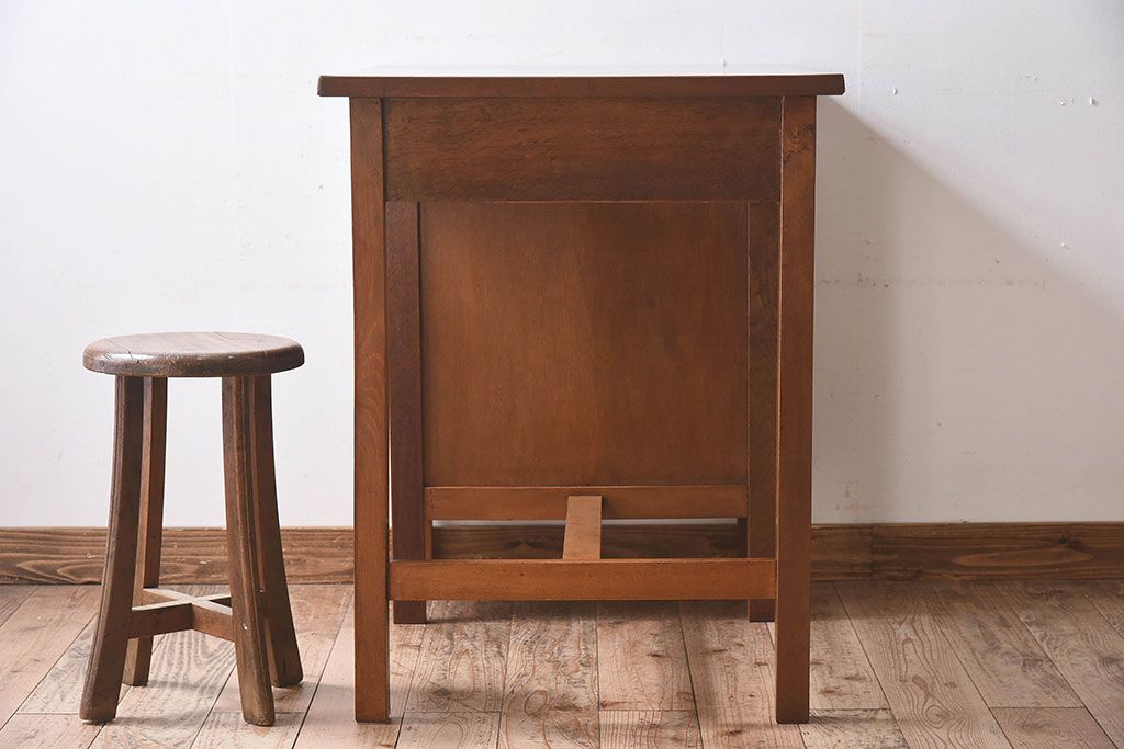 レトロ家具 昭和レトロ 古い木製のシンプルな片袖机(ワーク