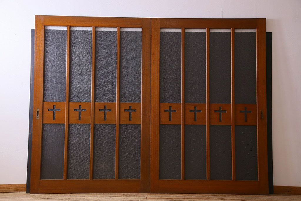 昭和レトロ　特大　教会で使われていたガラス引き戸(ガラス戸)2枚セット(2)