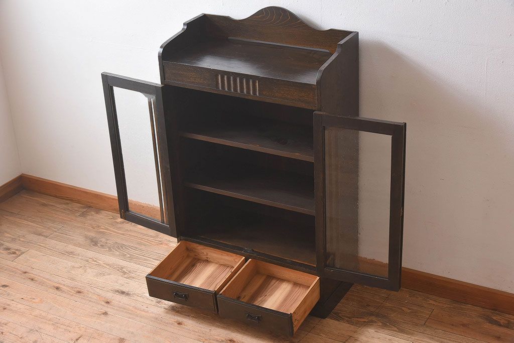アンティーク家具　大正ロマン　気泡ガラス入り!古いナラ材製の本箱(収納棚、飾り棚、食器棚、ブックケース)