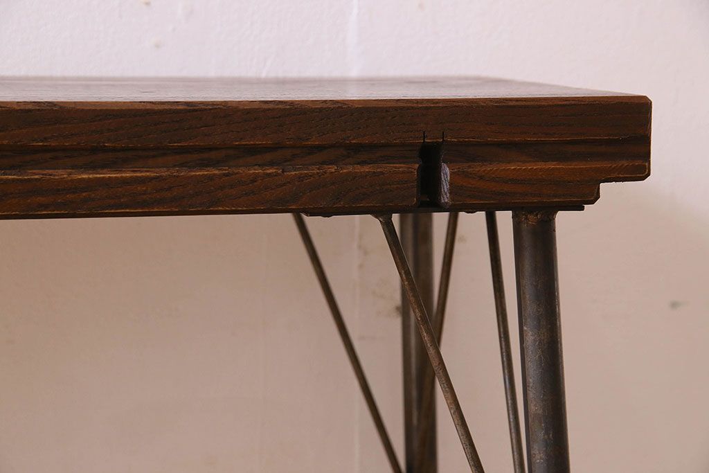 アンティーク家具　和製アンティーク　天板一枚板　古い栗材の鉄脚ベンチ(アイアンベンチ、長椅子、ローテーブル)