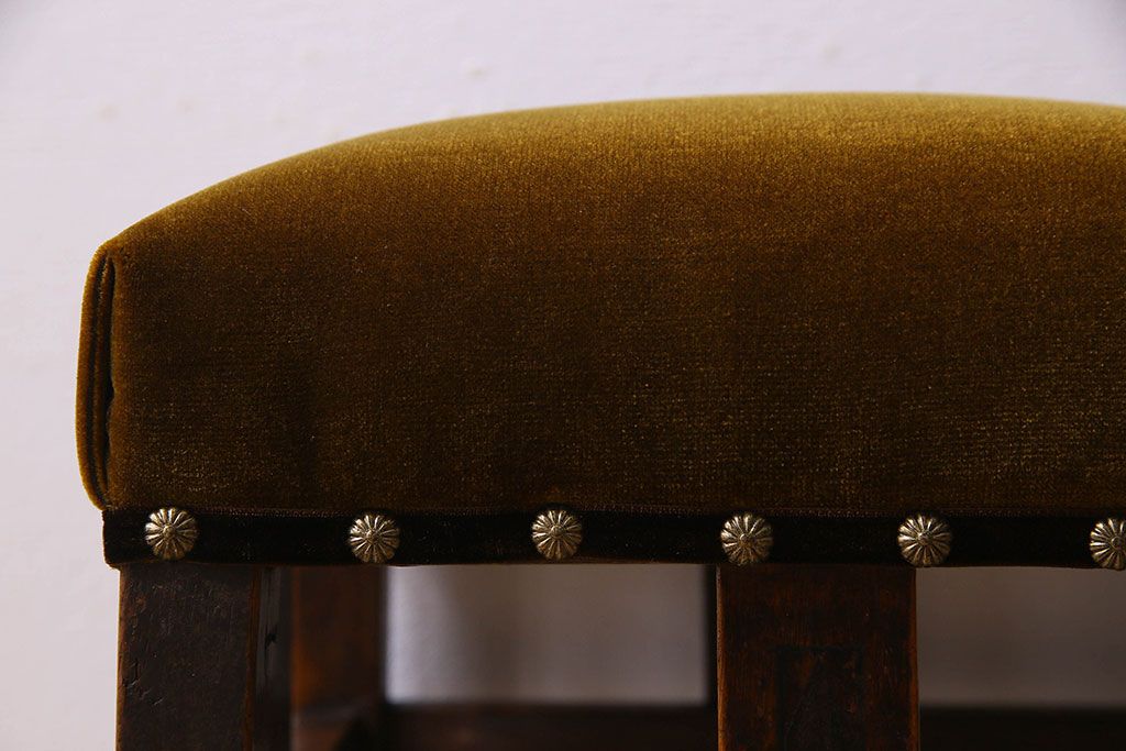 アンティーク家具　大正ロマン!古いナラ材製のクッション座面角スツール(椅子、チェア)