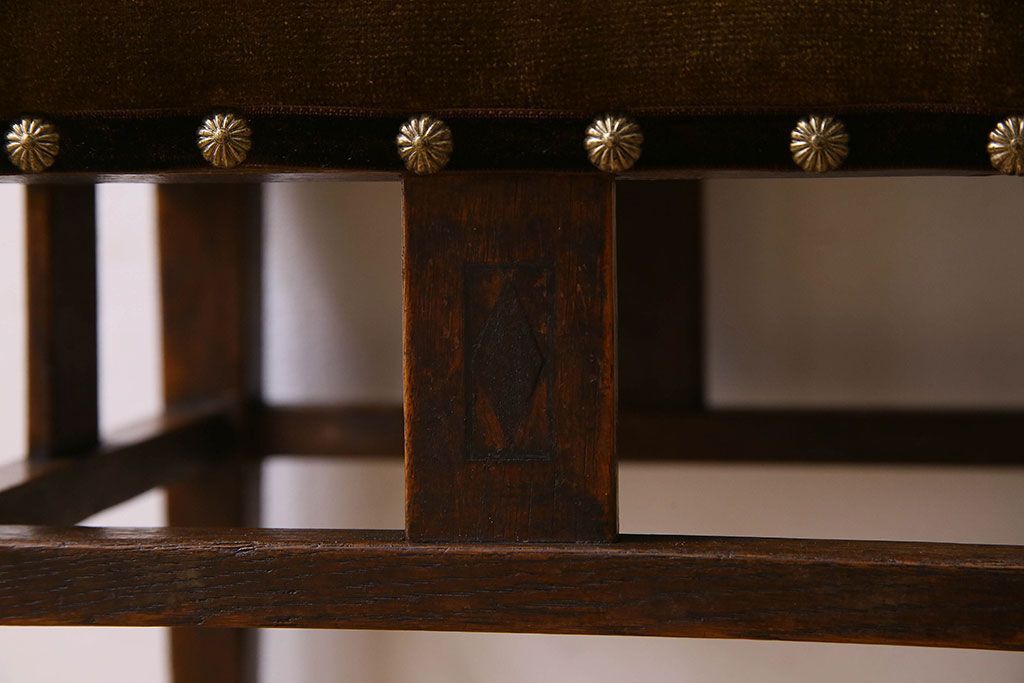 アンティーク家具　大正ロマン!古いナラ材製のクッション座面角スツール(椅子、チェア)