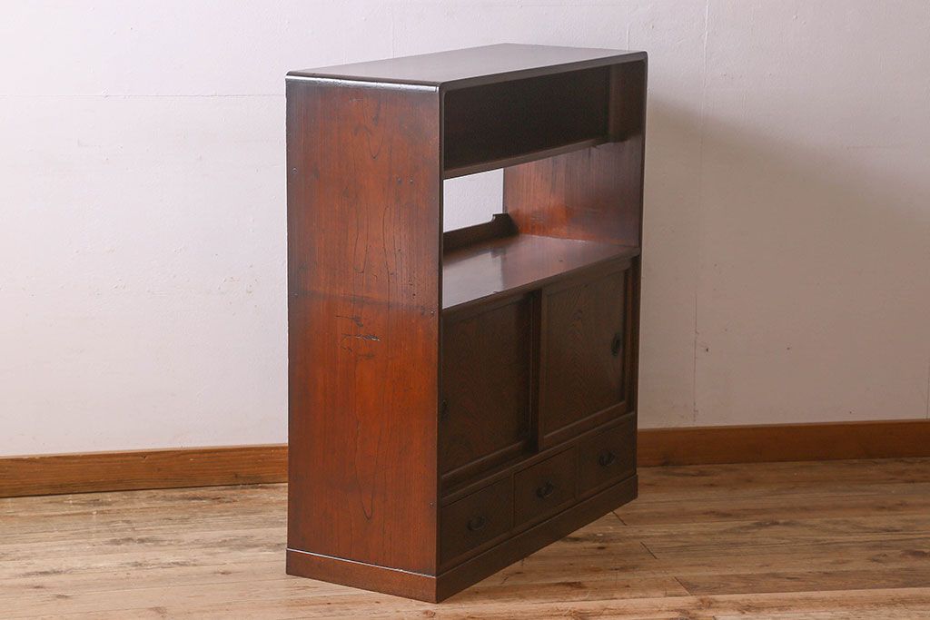 アンティーク家具　【展示品】和製アンティーク　明治〜大正期　木目が美しい総欅材の茶棚(収納棚、食器棚、飾り棚)
