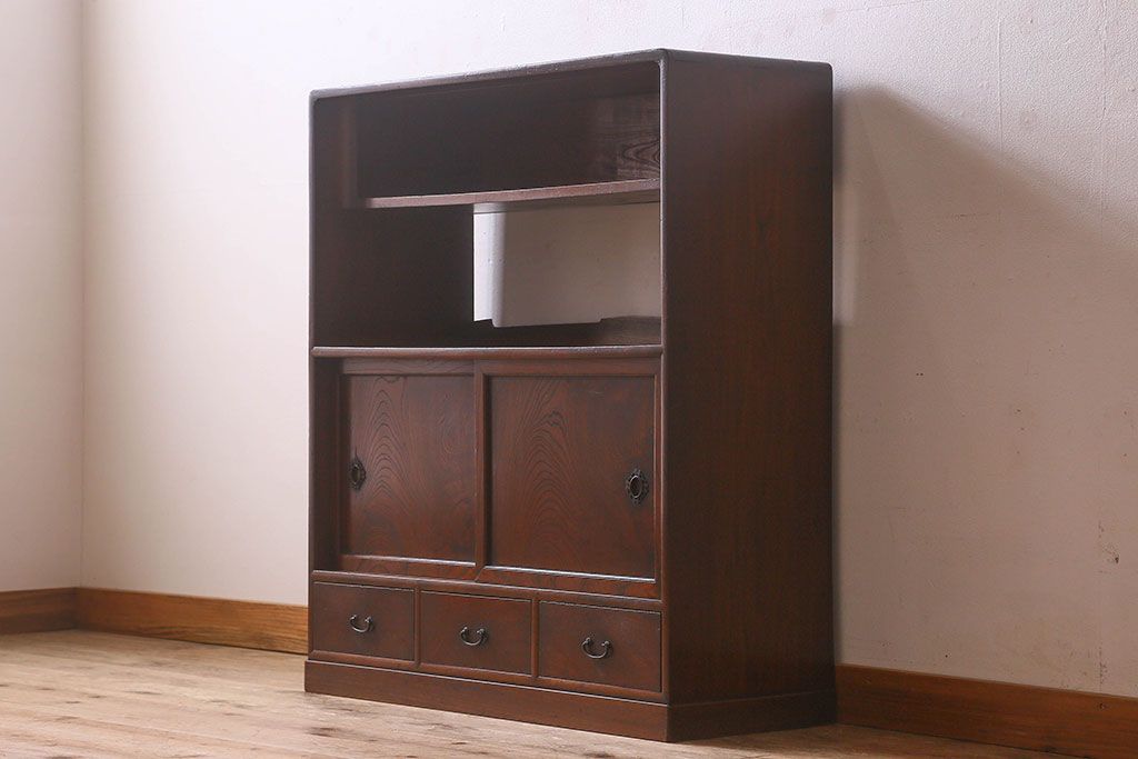 アンティーク家具　【展示品】和製アンティーク　明治〜大正期　木目が美しい総欅材の茶棚(収納棚、食器棚、飾り棚)