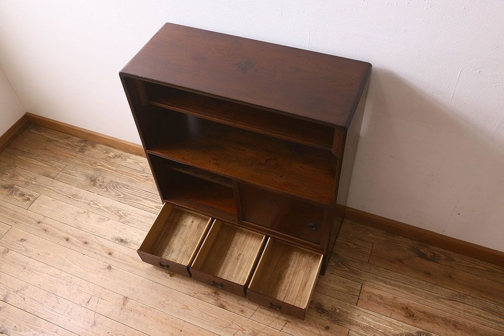アンティーク家具　【展示品】和製アンティーク　明治〜大正期　木目が美しい総欅材の茶棚(収納棚、食器棚、飾り棚)