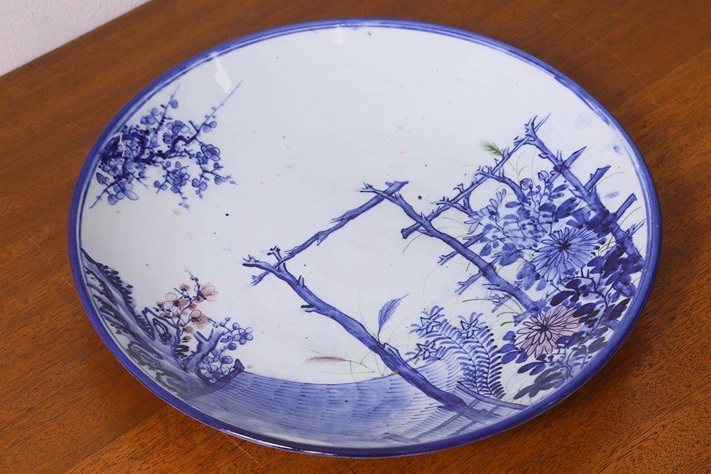 明治期　梅に菊の図　染付　一尺三寸　アンティーク大皿(和食器)