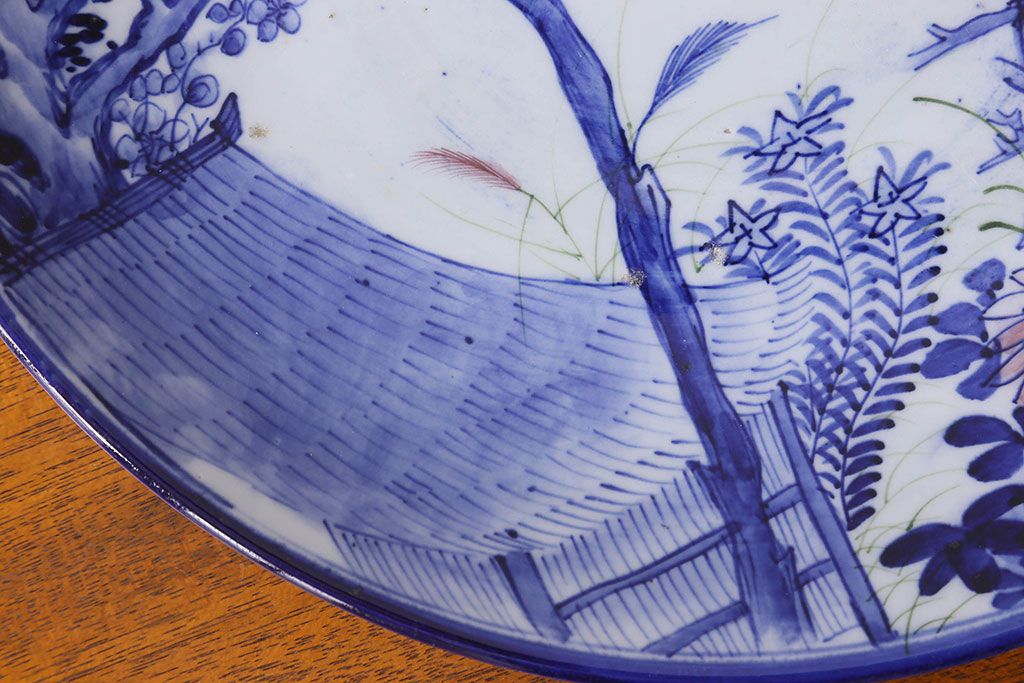 明治期　梅に菊の図　染付　一尺三寸　アンティーク大皿(和食器)