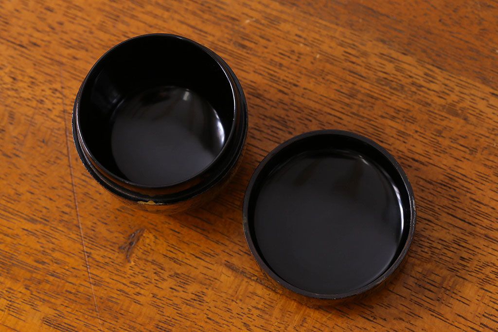 アンティーク雑貨　明治大正期　鶴蒔絵　木製棗(なつめ、茶道具)
