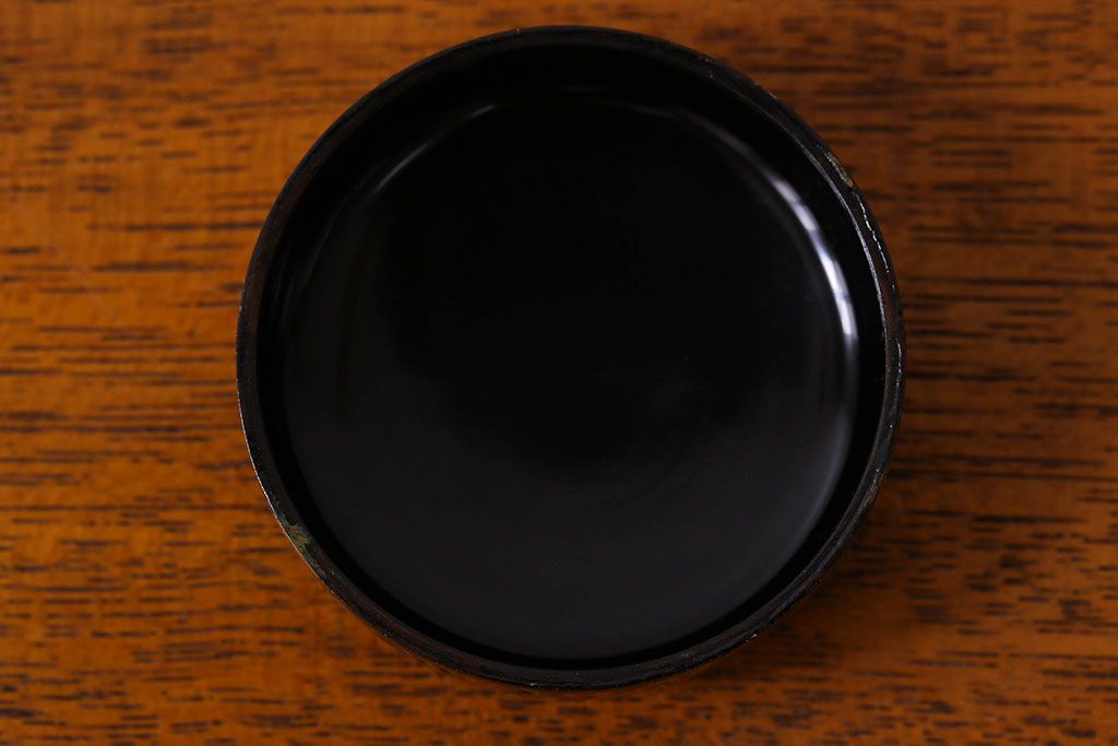 アンティーク雑貨　明治大正期　鶴蒔絵　木製棗(なつめ、茶道具)