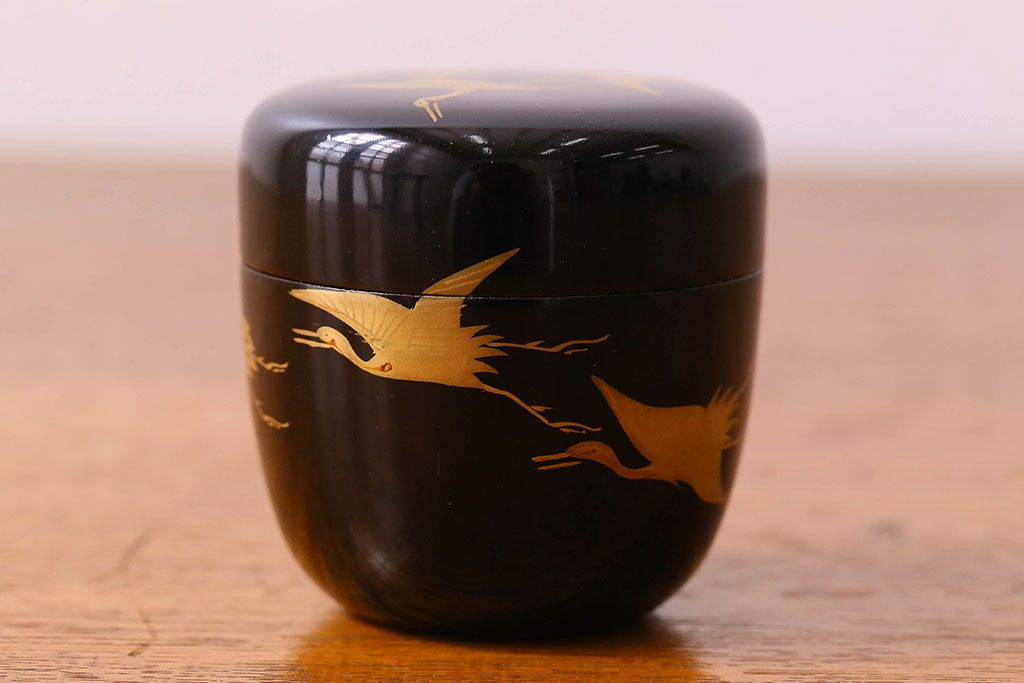 アンティーク雑貨　明治大正期　鶴蒔絵　木製棗(なつめ、茶道具)