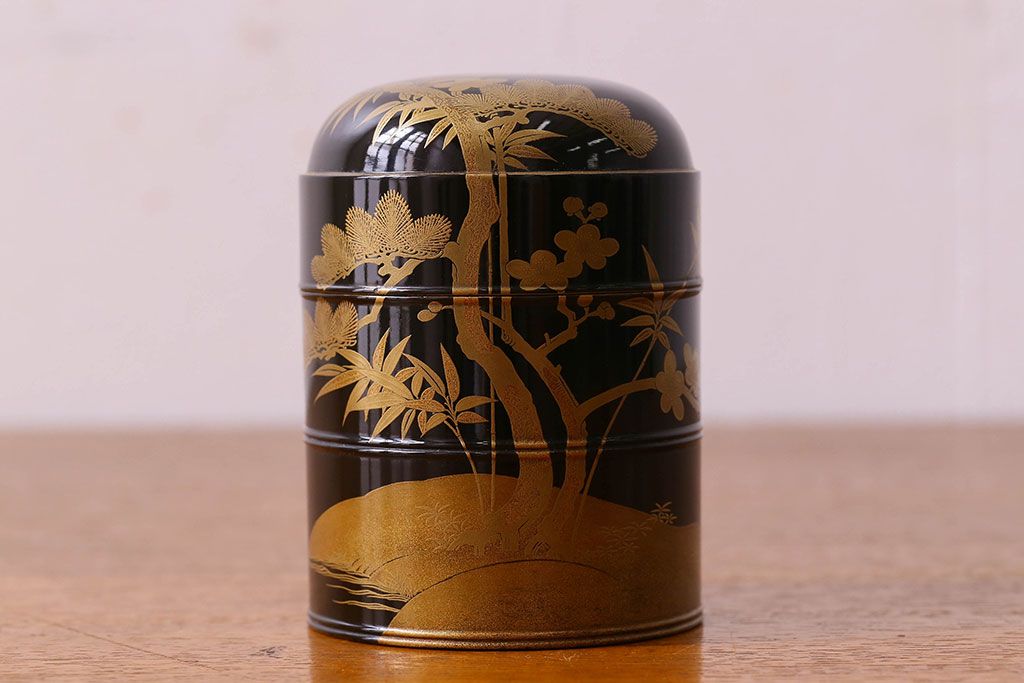 アンティーク雑貨　明治期　松竹梅鶴亀図　木製重香合・蒔絵(小物収納箱、茶道具)