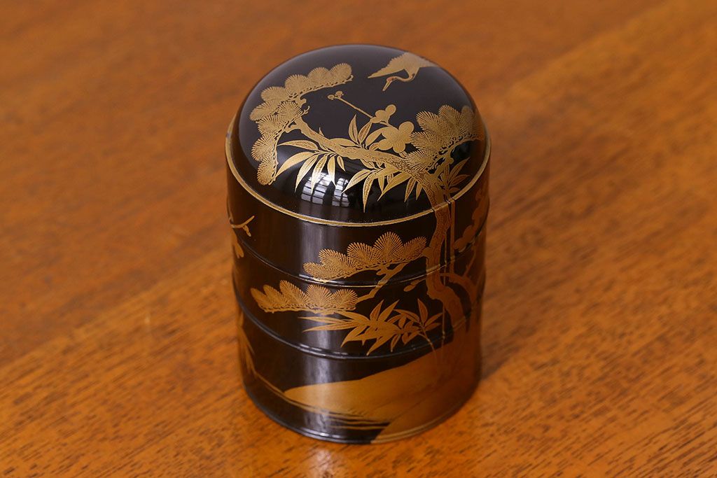 アンティーク雑貨　明治期　松竹梅鶴亀図　木製重香合・蒔絵(小物収納箱、茶道具)