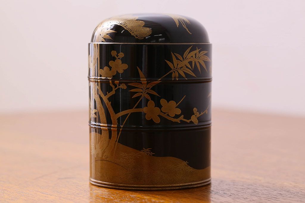 アンティーク雑貨　明治期　松竹梅鶴亀図　木製重香合・蒔絵(小物収納箱、茶道具)