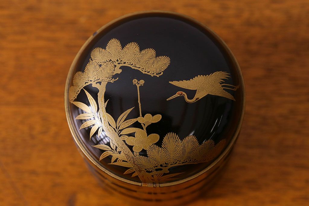 アンティーク雑貨　明治期　松竹梅鶴亀図　木製重香合・蒔絵(小物収納箱、茶道具)