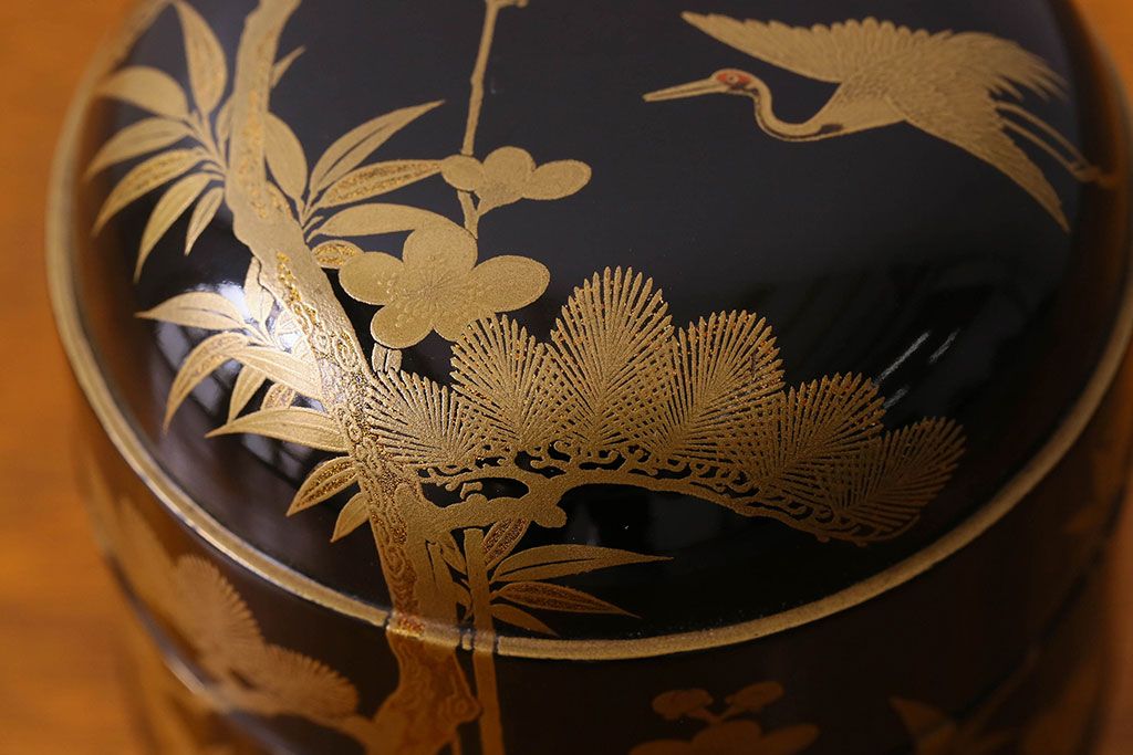 アンティーク雑貨　明治期　松竹梅鶴亀図　木製重香合・蒔絵(小物収納箱、茶道具)