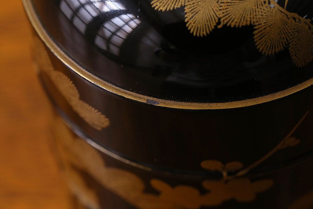 アンティーク雑貨　明治期　松竹梅鶴亀図　木製重香合・蒔絵(小物収納箱、茶道具)
