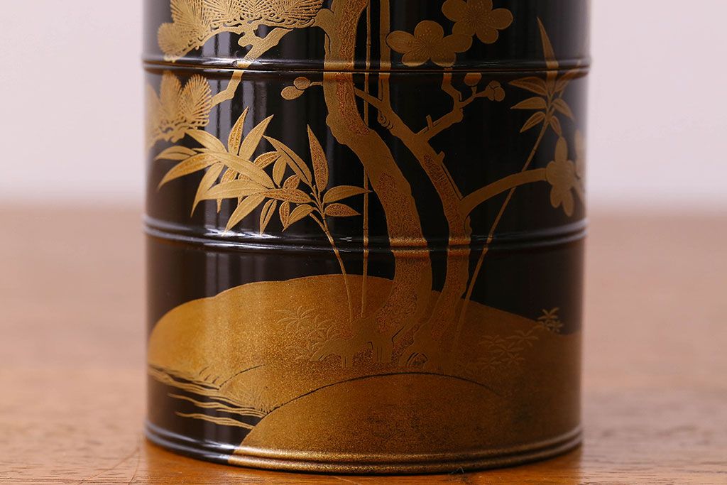 アンティーク雑貨　明治期　松竹梅鶴亀図　木製重香合・蒔絵(小物収納箱、茶道具)