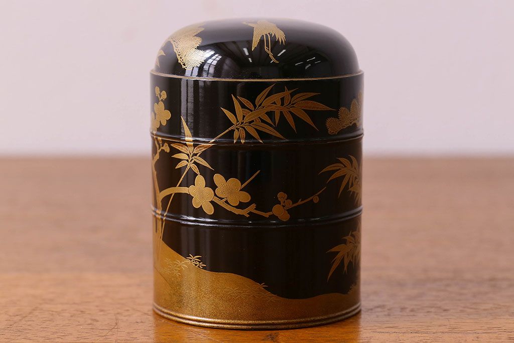 アンティーク雑貨　明治期　松竹梅鶴亀図　木製重香合・蒔絵(小物収納箱、茶道具)