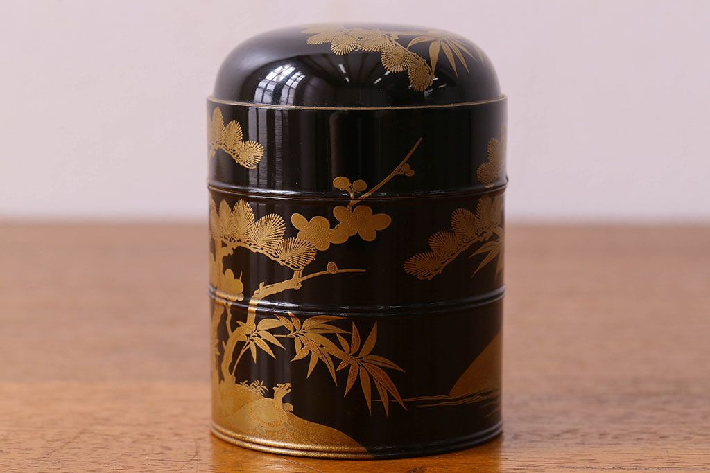 アンティーク雑貨　明治期　松竹梅鶴亀図　木製重香合・蒔絵(小物収納箱、茶道具)