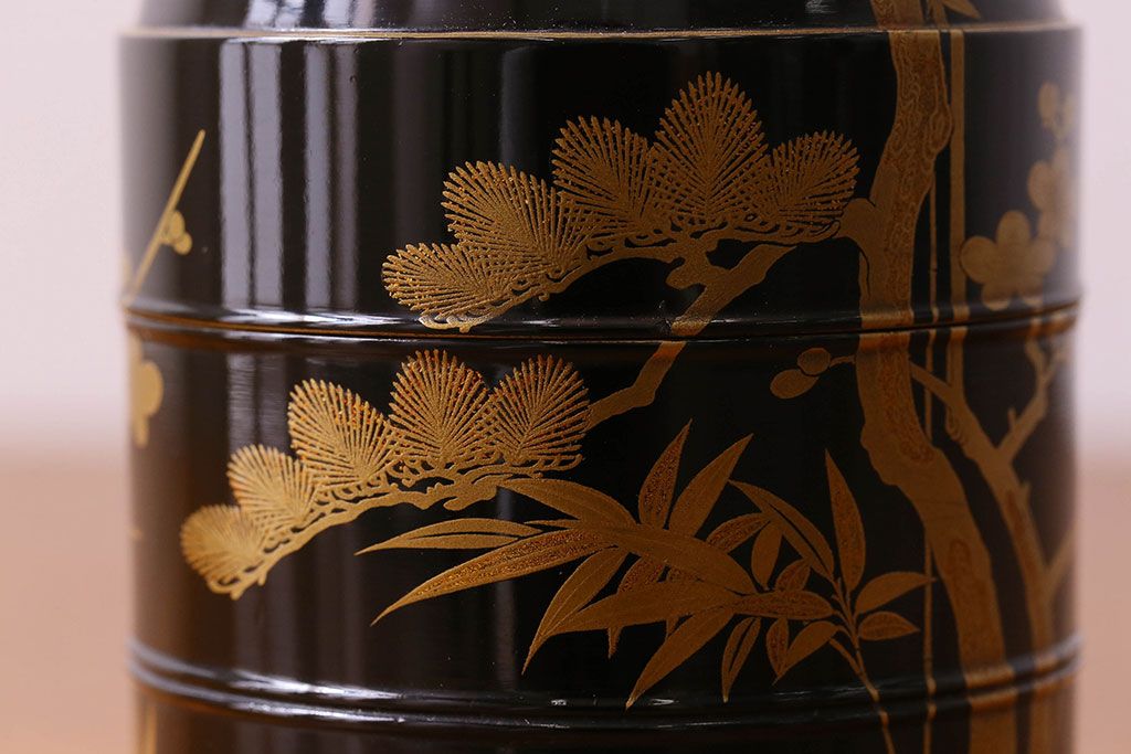 アンティーク雑貨　明治期　松竹梅鶴亀図　木製重香合・蒔絵(小物収納箱、茶道具)