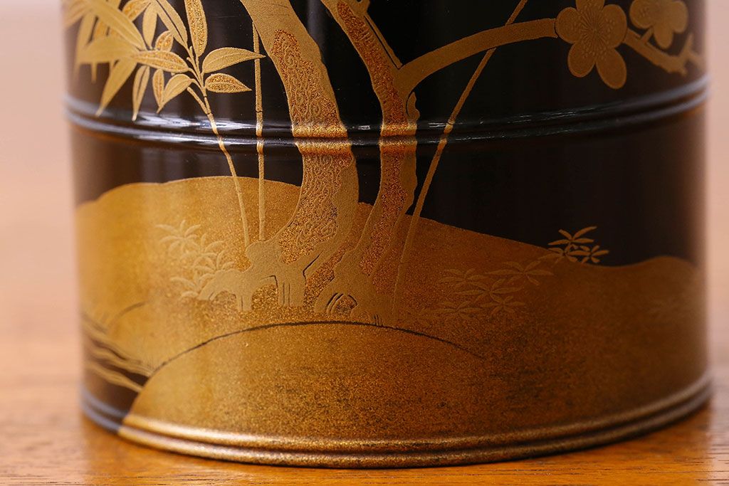 アンティーク雑貨　明治期　松竹梅鶴亀図　木製重香合・蒔絵(小物収納箱、茶道具)