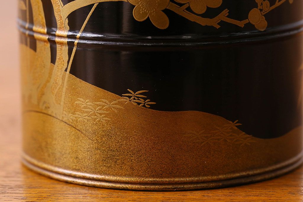 アンティーク雑貨　明治期　松竹梅鶴亀図　木製重香合・蒔絵(小物収納箱、茶道具)