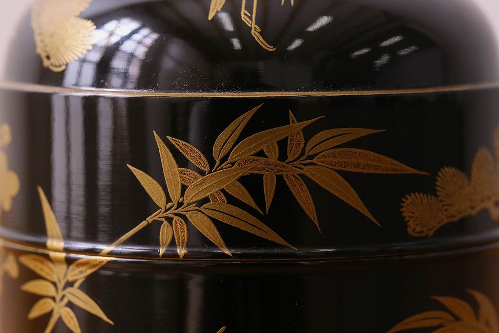アンティーク雑貨　明治期　松竹梅鶴亀図　木製重香合・蒔絵(小物収納箱、茶道具)