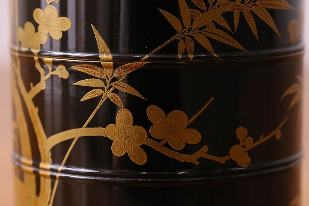 アンティーク雑貨　明治期　松竹梅鶴亀図　木製重香合・蒔絵(小物収納箱、茶道具)