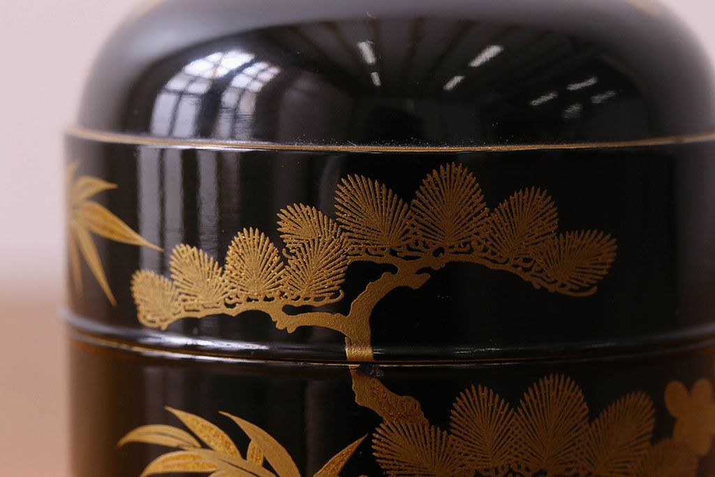アンティーク雑貨　明治期　松竹梅鶴亀図　木製重香合・蒔絵(小物収納箱、茶道具)