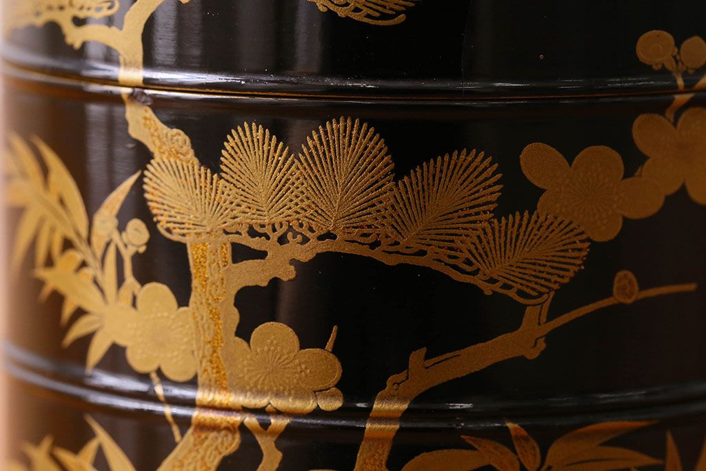 アンティーク雑貨　明治期　松竹梅鶴亀図　木製重香合・蒔絵(小物収納箱、茶道具)
