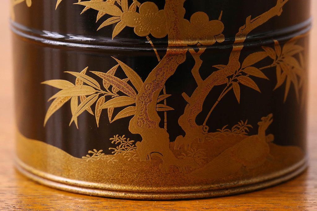 アンティーク雑貨　明治期　松竹梅鶴亀図　木製重香合・蒔絵(小物収納箱、茶道具)