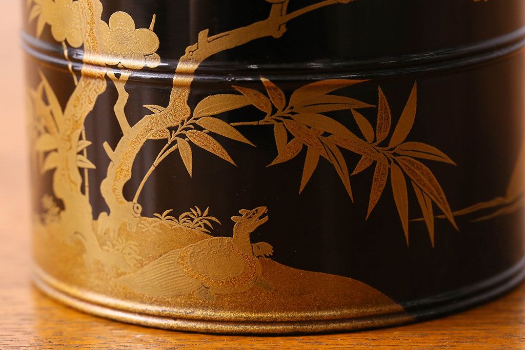 アンティーク雑貨　明治期　松竹梅鶴亀図　木製重香合・蒔絵(小物収納箱、茶道具)