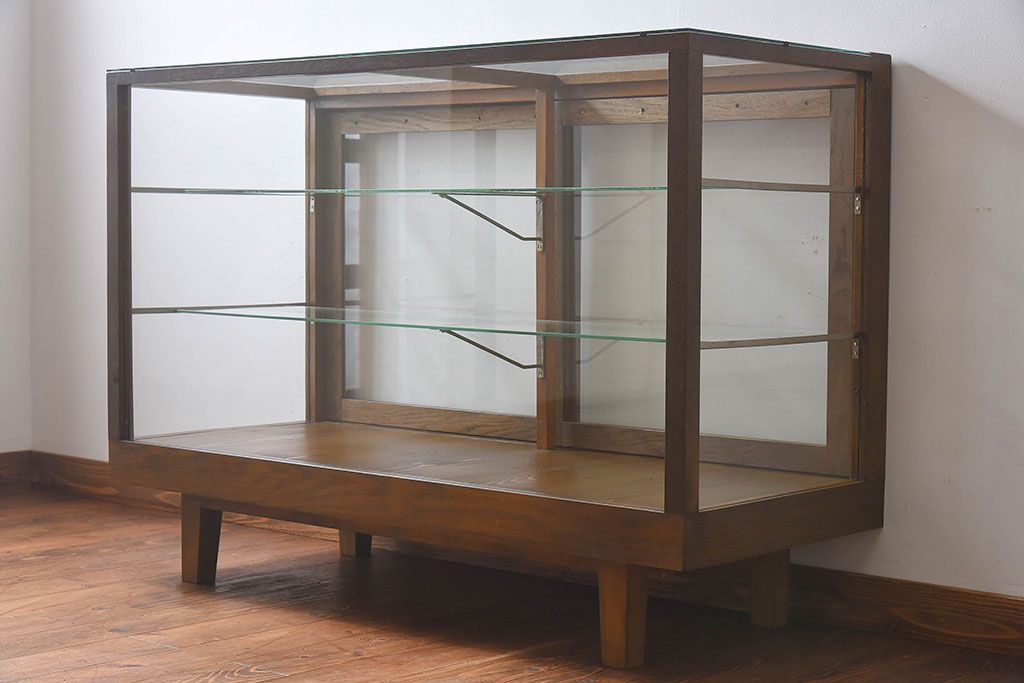 レトロ家具 昭和レトロ 5面ガラス!ナラ材 木味が魅力的なガラスショー