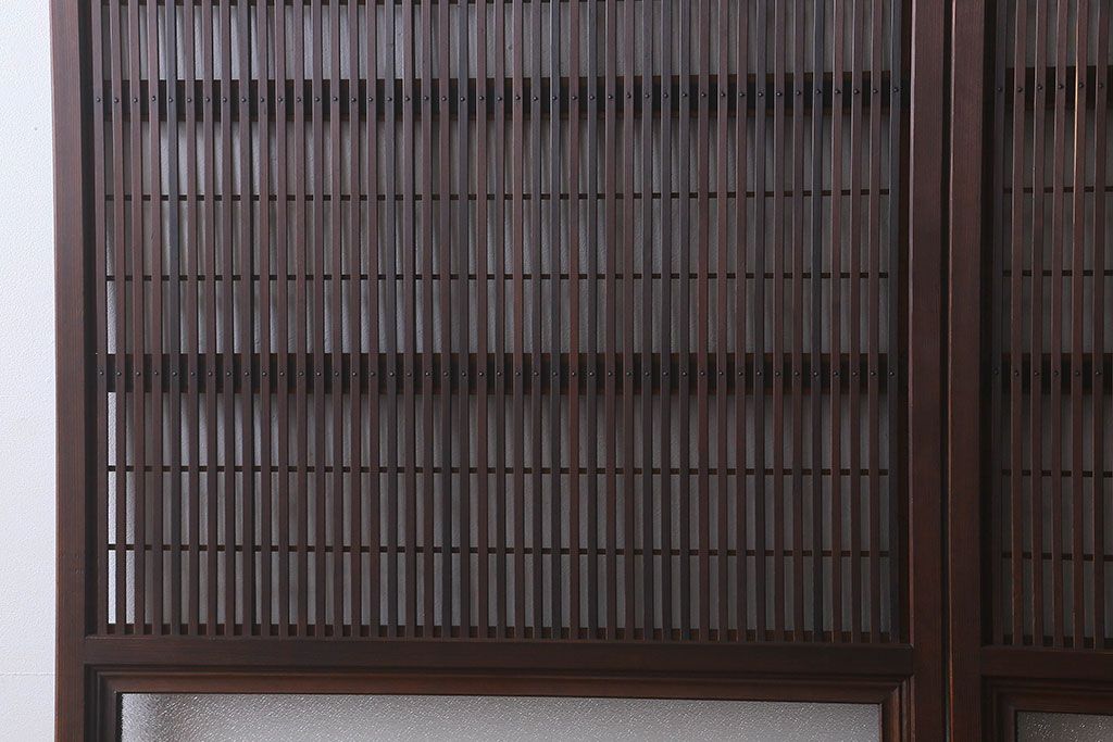 和製アンティーク　裏障子付き　ガラス帯の格子戸(引き戸、建具)2枚セット