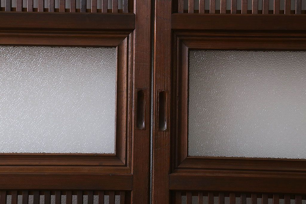和製アンティーク　裏障子付き　ガラス帯の格子戸(引き戸、建具)2枚セット