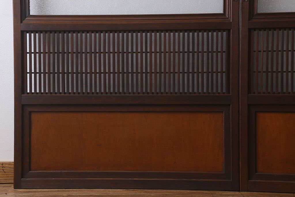 和製アンティーク　裏障子付き　ガラス帯の格子戸(引き戸、建具)2枚セット