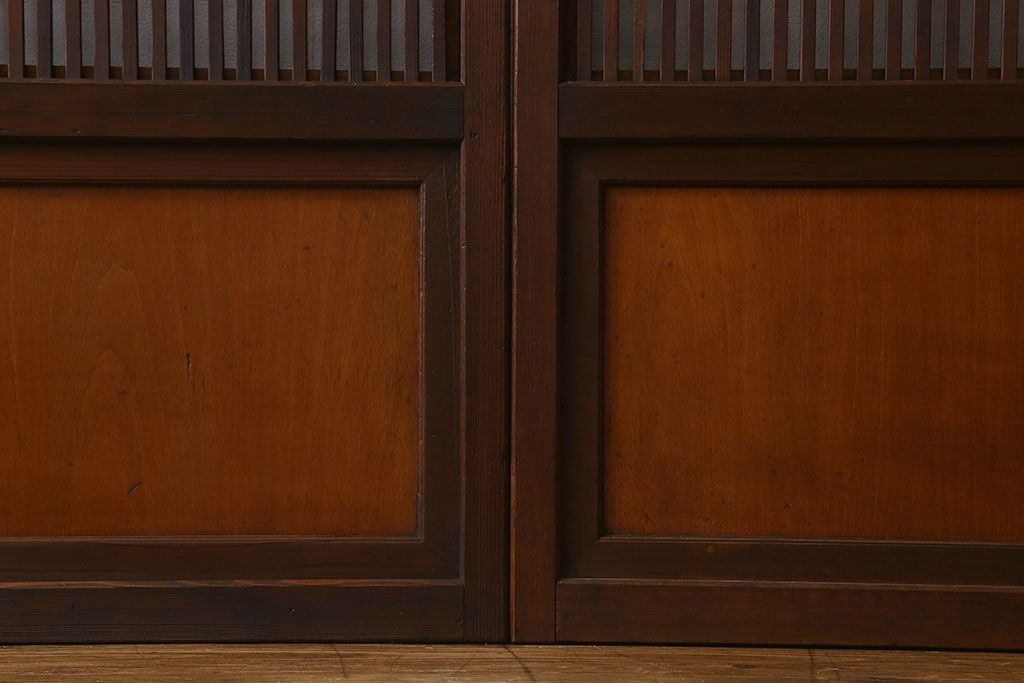 和製アンティーク　裏障子付き　ガラス帯の格子戸(引き戸、建具)2枚セット