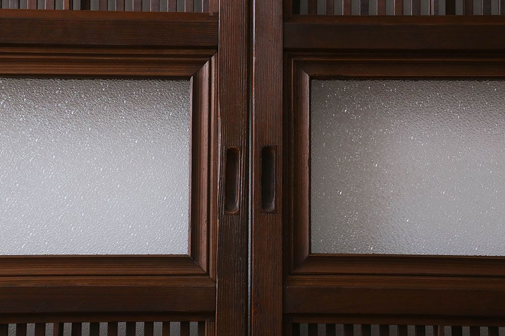 和製アンティーク　裏障子付き　ガラス帯の格子戸(引き戸、建具)2枚セット
