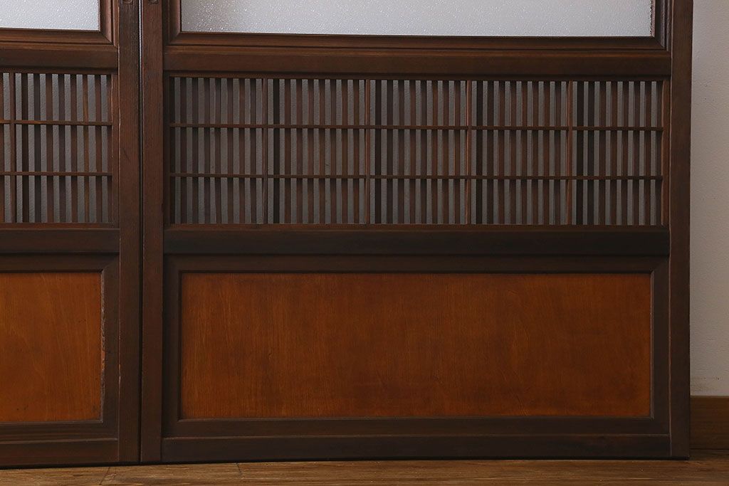 和製アンティーク　裏障子付き　ガラス帯の格子戸(引き戸、建具)2枚セット