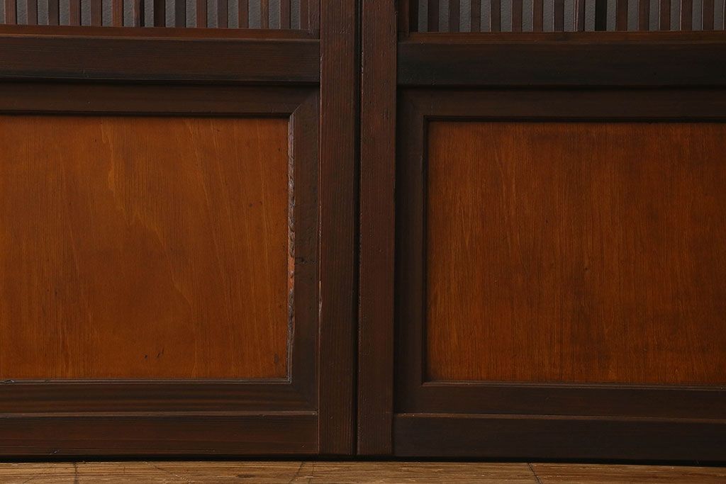 和製アンティーク　裏障子付き　ガラス帯の格子戸(引き戸、建具)2枚セット