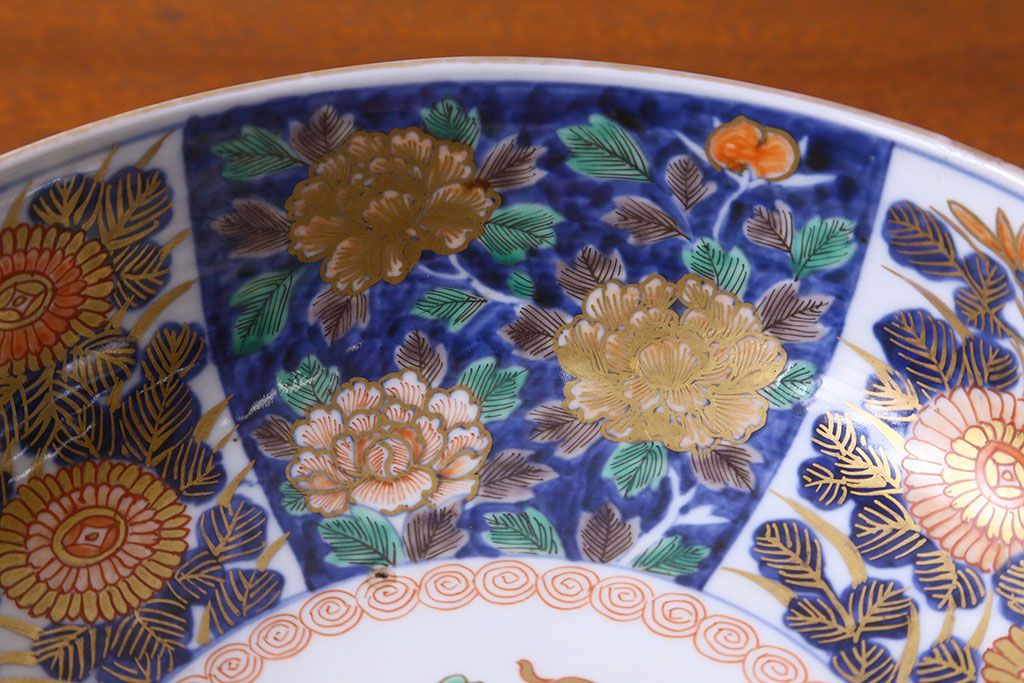 アンティーク雑貨　幕末明治期　伊万里焼　牡丹の図　色絵深鉢(深皿、二重高台)(1)