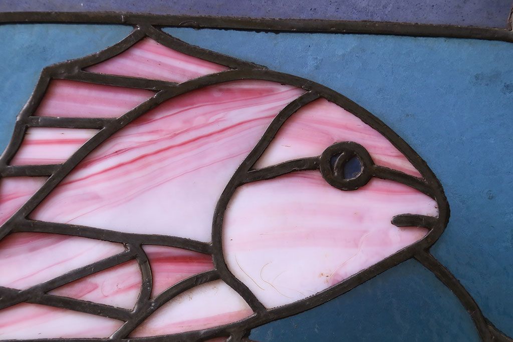 アンティーク雑貨　昭和初期　海の中にいるような図柄が素敵なステンドグラスのガラス戸(引き戸、建具)