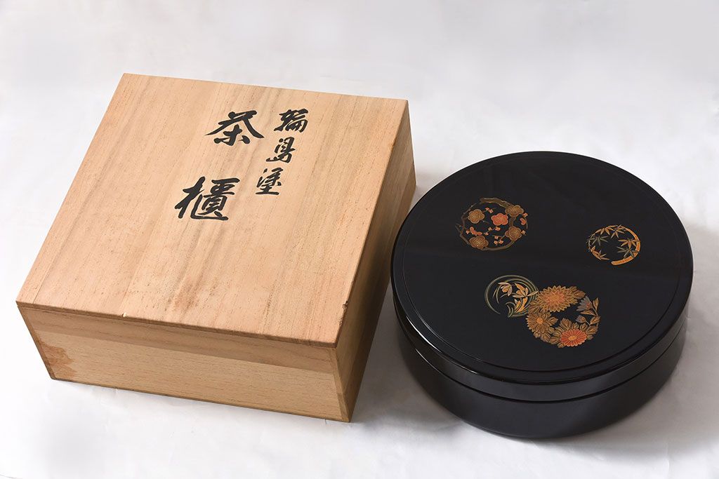 アンティーク雑貨　茶道具　輪島塗　花丸蒔絵　木製茶櫃(茶器、小物入れ)(定価約20万)