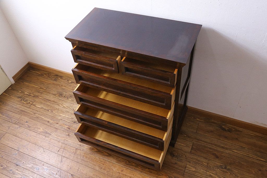 中古　松本民芸家具　503型　直線のデザインが目を引く整理箪笥(引き出し、衣装箪笥、チェスト)(定価約28万円)