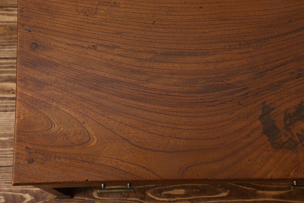 アンティーク家具　和製アンティーク　側面の意匠が印象的な総ケヤキ材のデスク(文机、在宅ワーク、在宅用片袖机)
